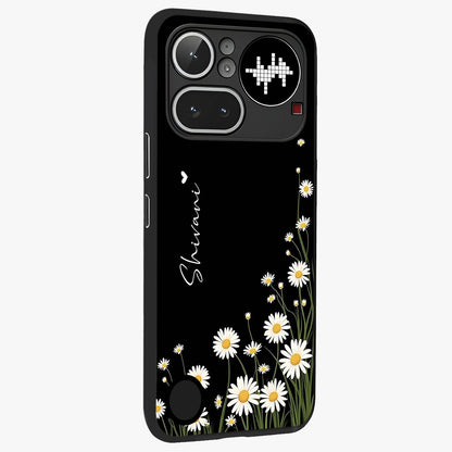 Daisy Cascade Custom Name Glass Case upright view showcasing elegant floral cascade design with personalized aesthetic.