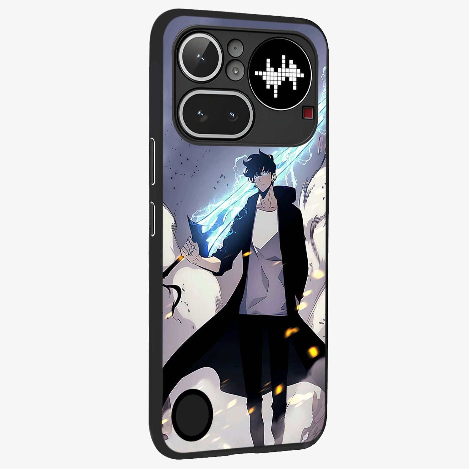 Dark Lightning Anime Warrior Glass Case upright view showcasing dramatic warrior artwork with dark lightning aesthetic.