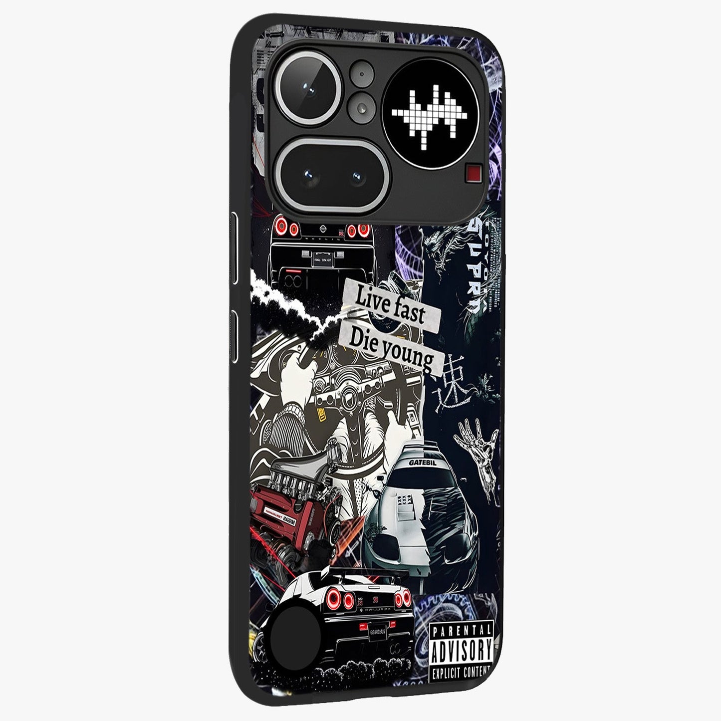 Die Young Glass Case upright view showcasing striking typography artwork with modern statement theme.