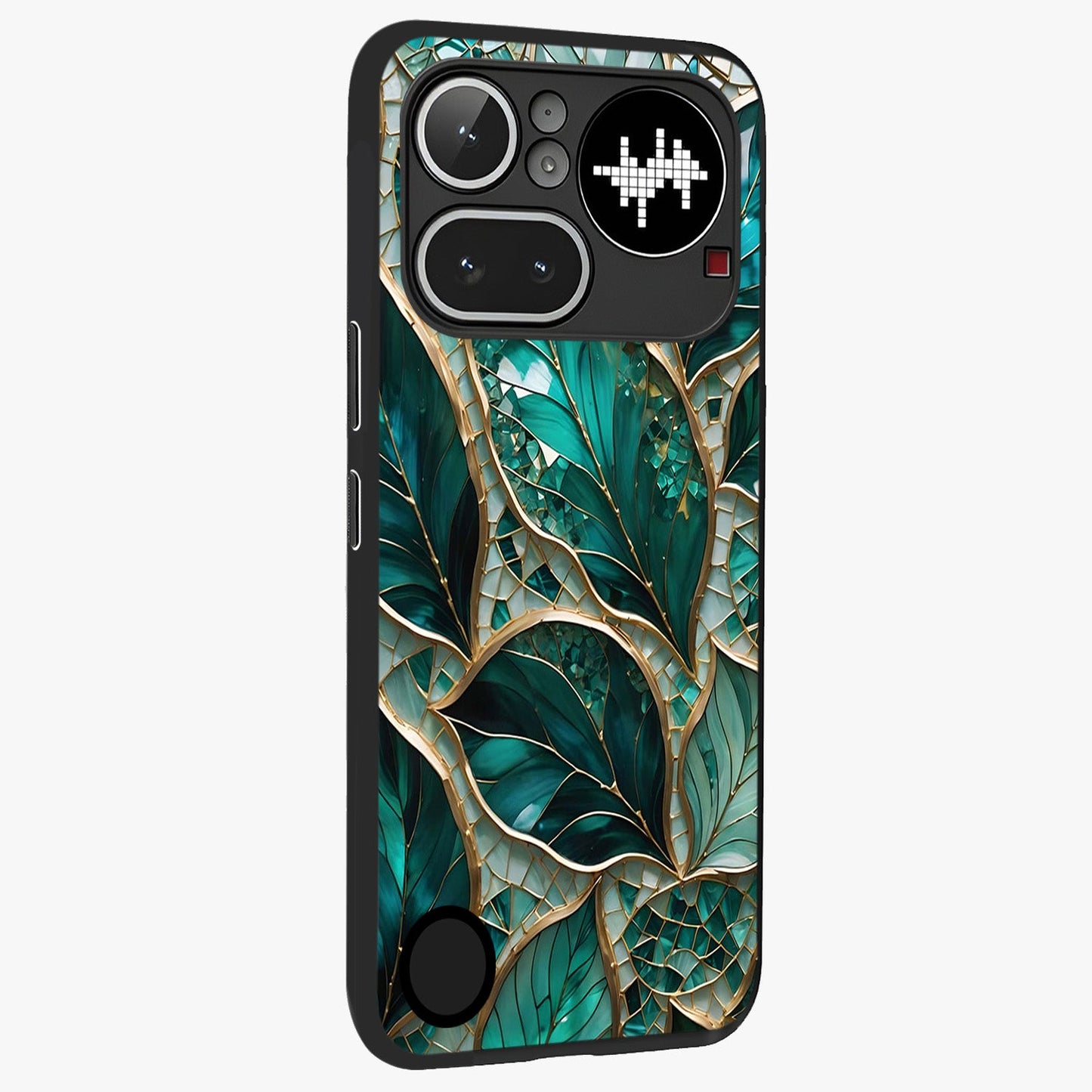 Emerald Leaf Glass Glass Case upright view showcasing fresh green leaf artwork with calming nature inspired style.