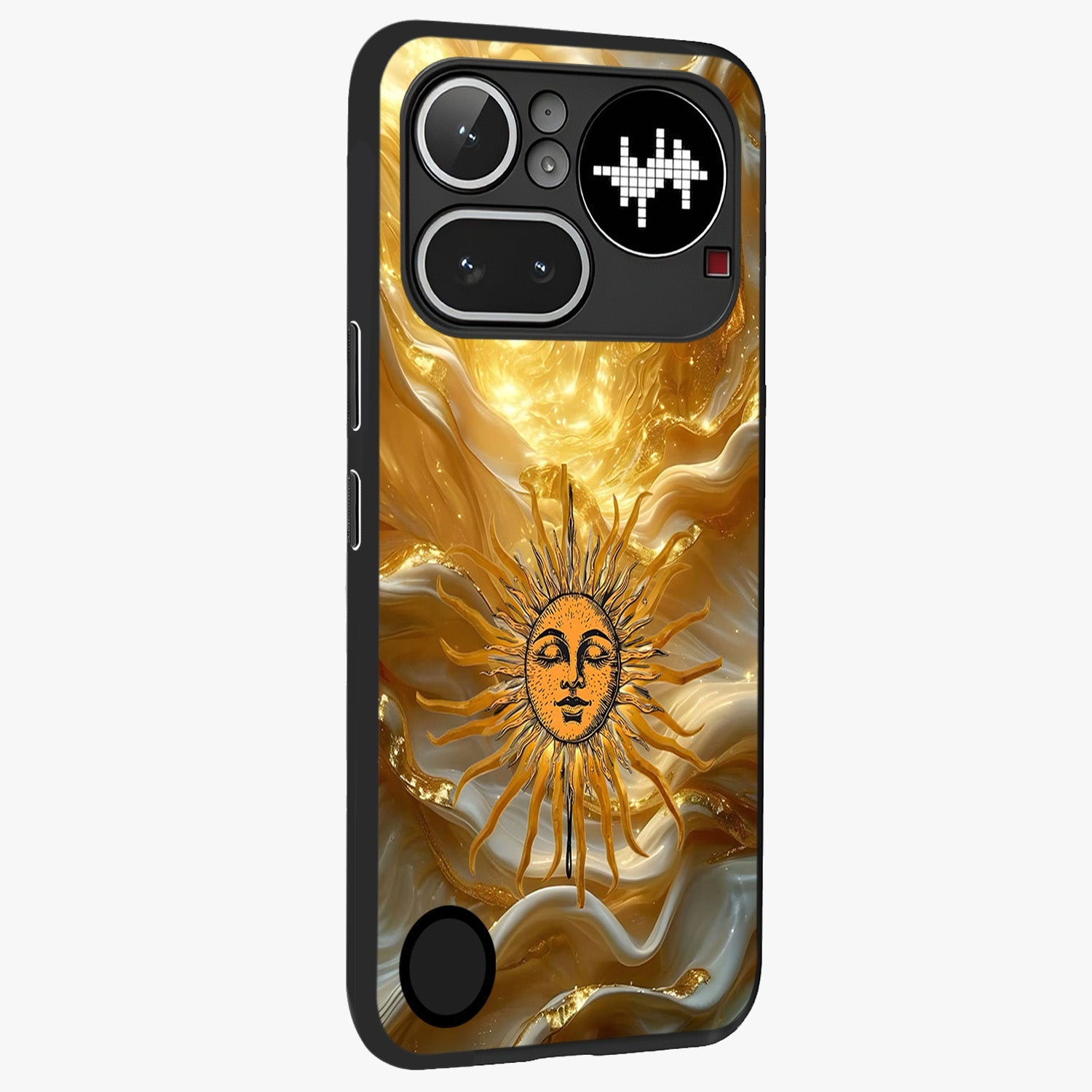 Eternal Golden Glow Glass Case upright view showcasing luminous golden artwork with luxurious visual theme.