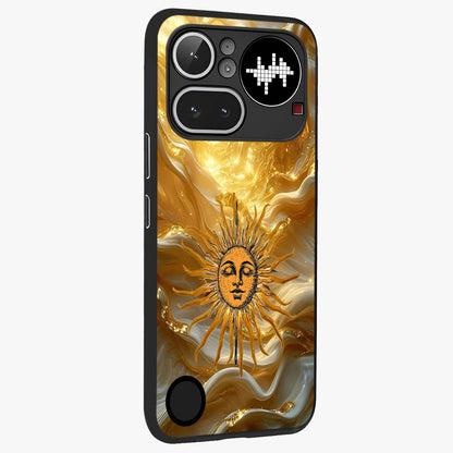 Eternal Golden Glow Glass Case upright view showcasing luminous golden artwork with luxurious visual theme.