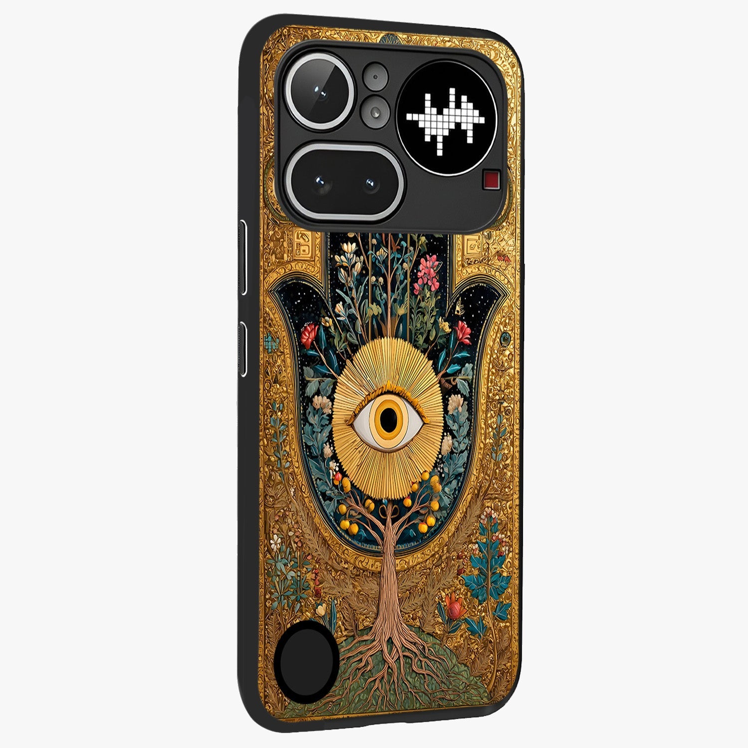 Ethereal Evil Eye Glass Case upright view showcasing celestial evil eye artwork with mystical theme.