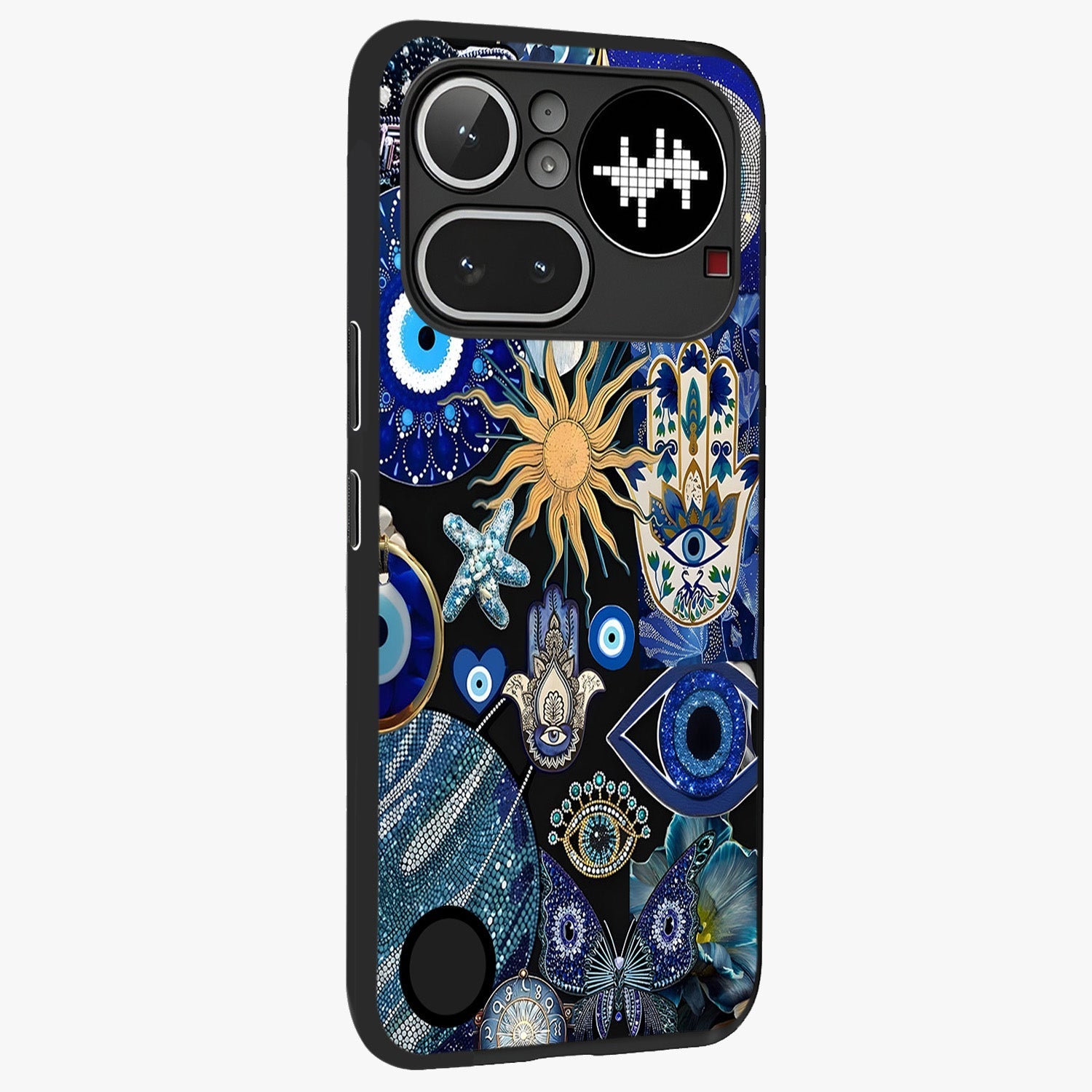 Evil Eye Charm Mix Glass Case upright view showcasing mystical evil eye pattern with vibrant decorative style.