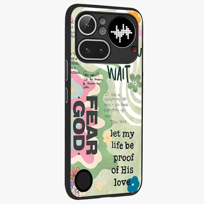 Faith Over Fear Glass Case upright view showcasing bold typography artwork with uplifting motivational theme.