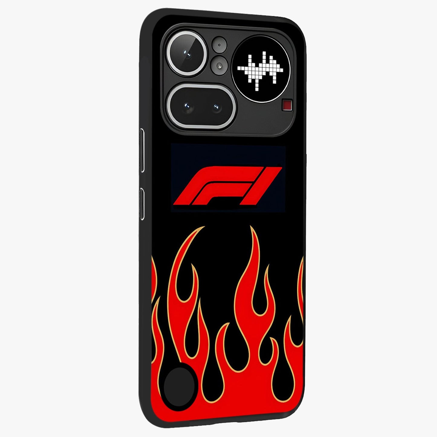 Fire F11 Glass Case upright view showcasing dynamic flame artwork with intense visual theme.