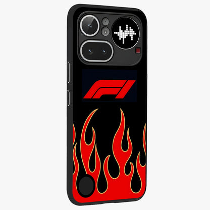 Fire F11 Glass Case upright view showcasing dynamic flame artwork with intense visual theme.