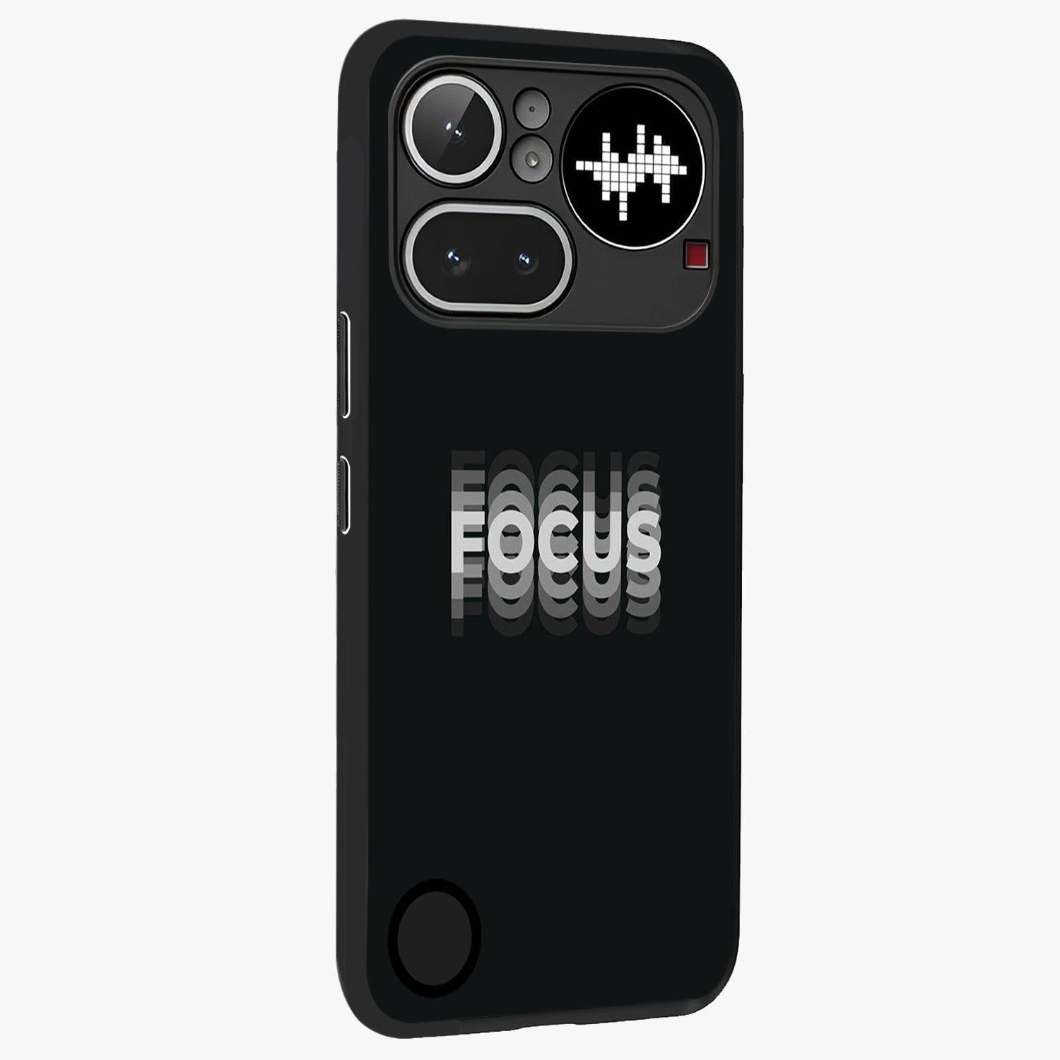 Focus Mode On Glass Case upright view showcasing strong typography statement with sleek motivational theme.