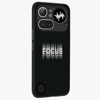 Focus Mode On Glass Case upright view showcasing strong typography statement with sleek motivational theme.