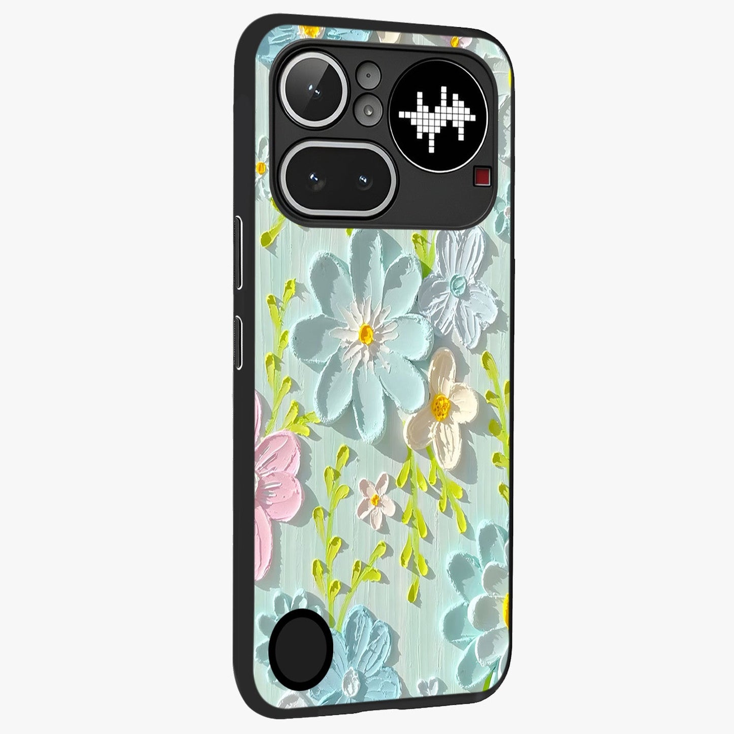 Frosted Petal Garden Glass Case upright view showcasing elegant floral garden artwork with soothing pastel theme.