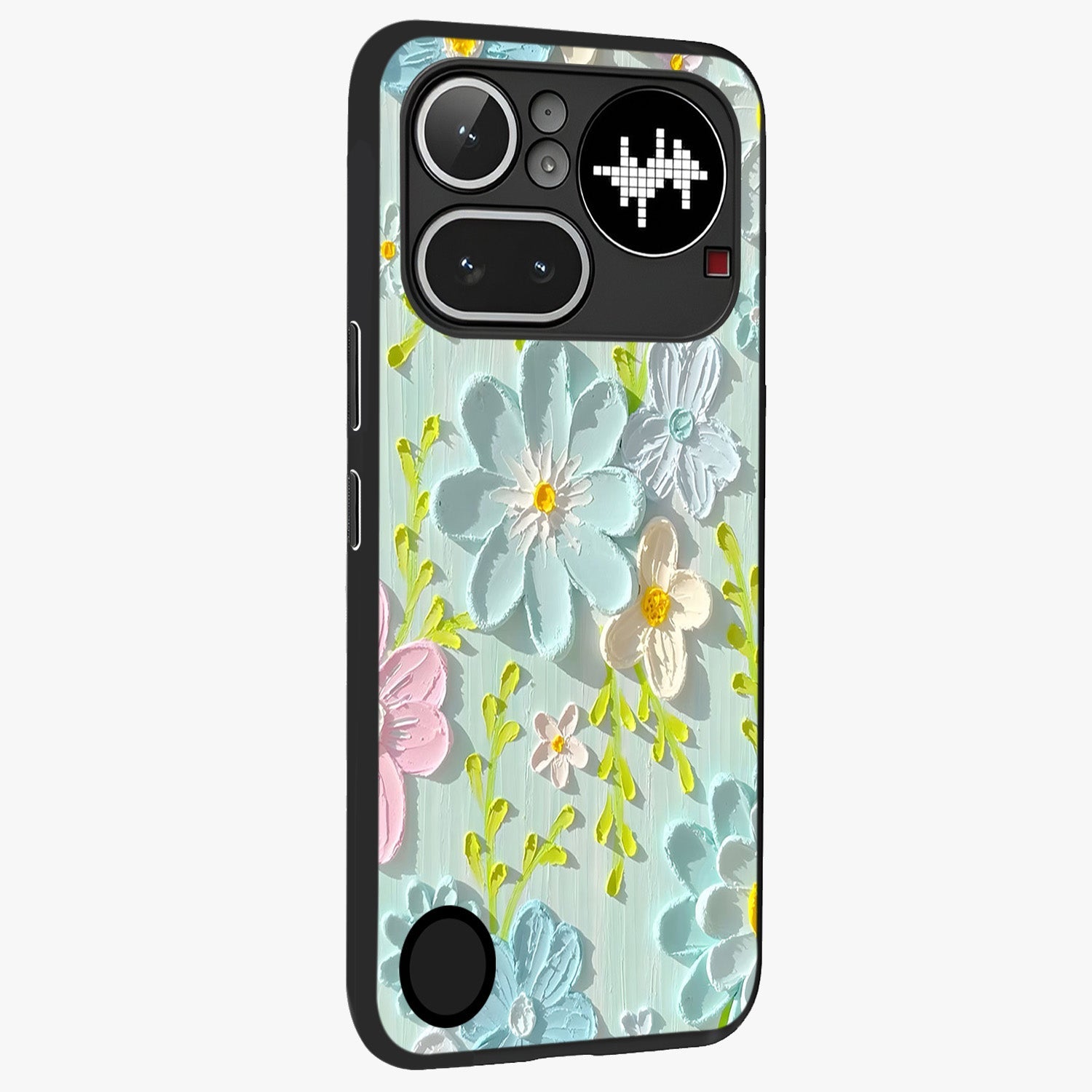 Frosted Petal Garden Glass Case upright view showcasing elegant floral garden artwork with soothing pastel theme.