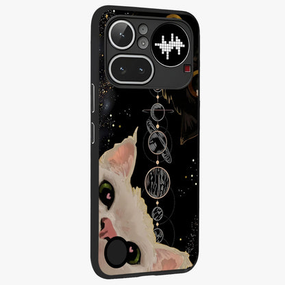 Galactic Cat Glass Case upright view showcasing mystical cat artwork with dreamy cosmic theme.