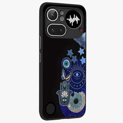 Galactic Charm Cluster Glass Case upright view showcasing glowing cosmic charm artwork with magical celestial style.