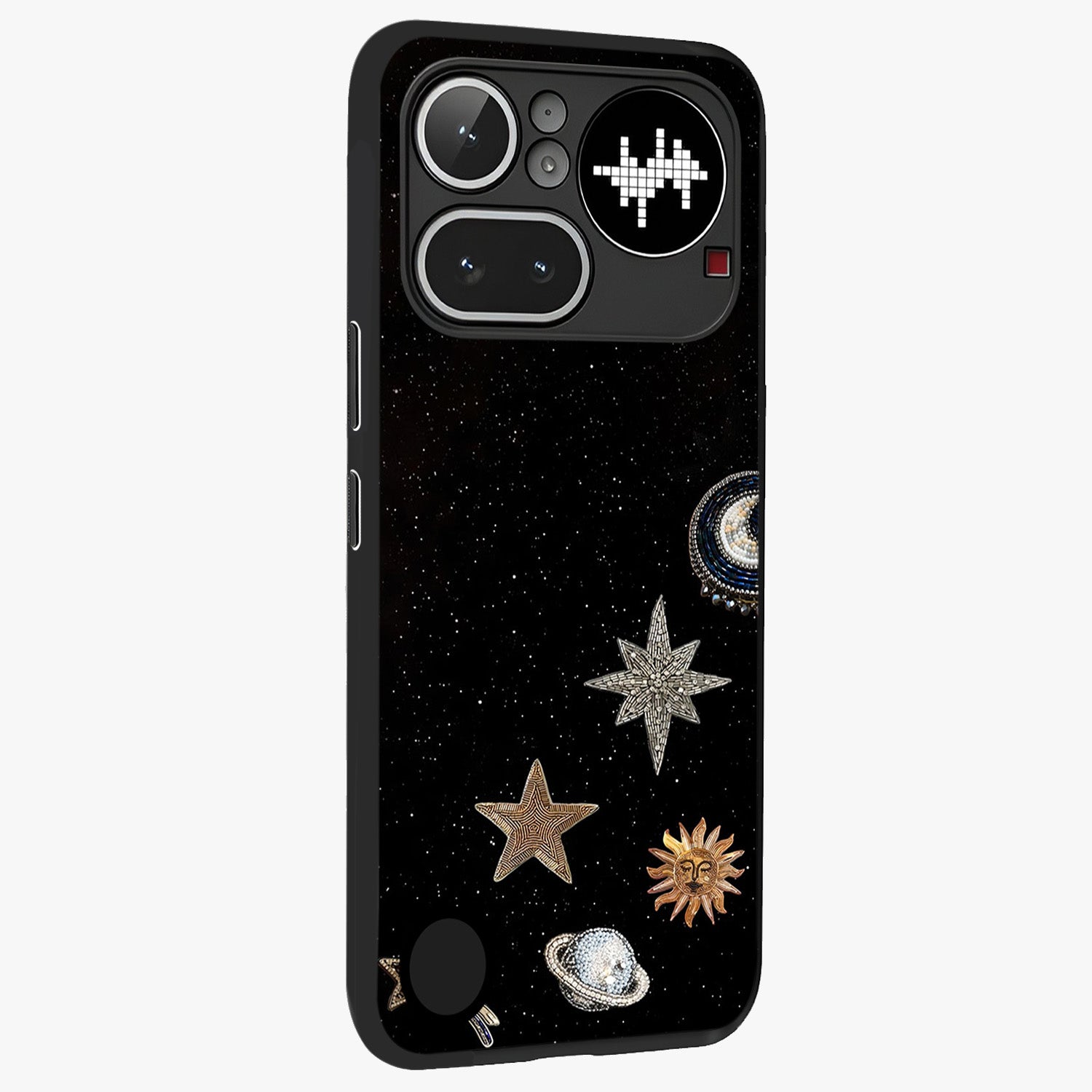 Galactic Charm Glow Glass Case upright view showcasing glowing cosmic charm artwork with magical celestial style.