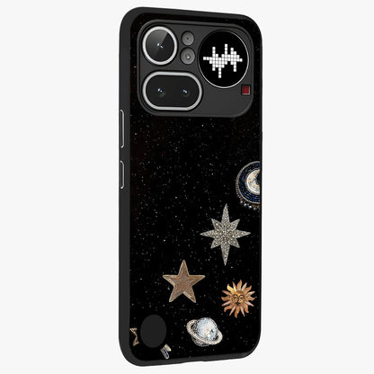 Galactic Charm Glow Glass Case upright view showcasing glowing cosmic charm artwork with magical celestial style.