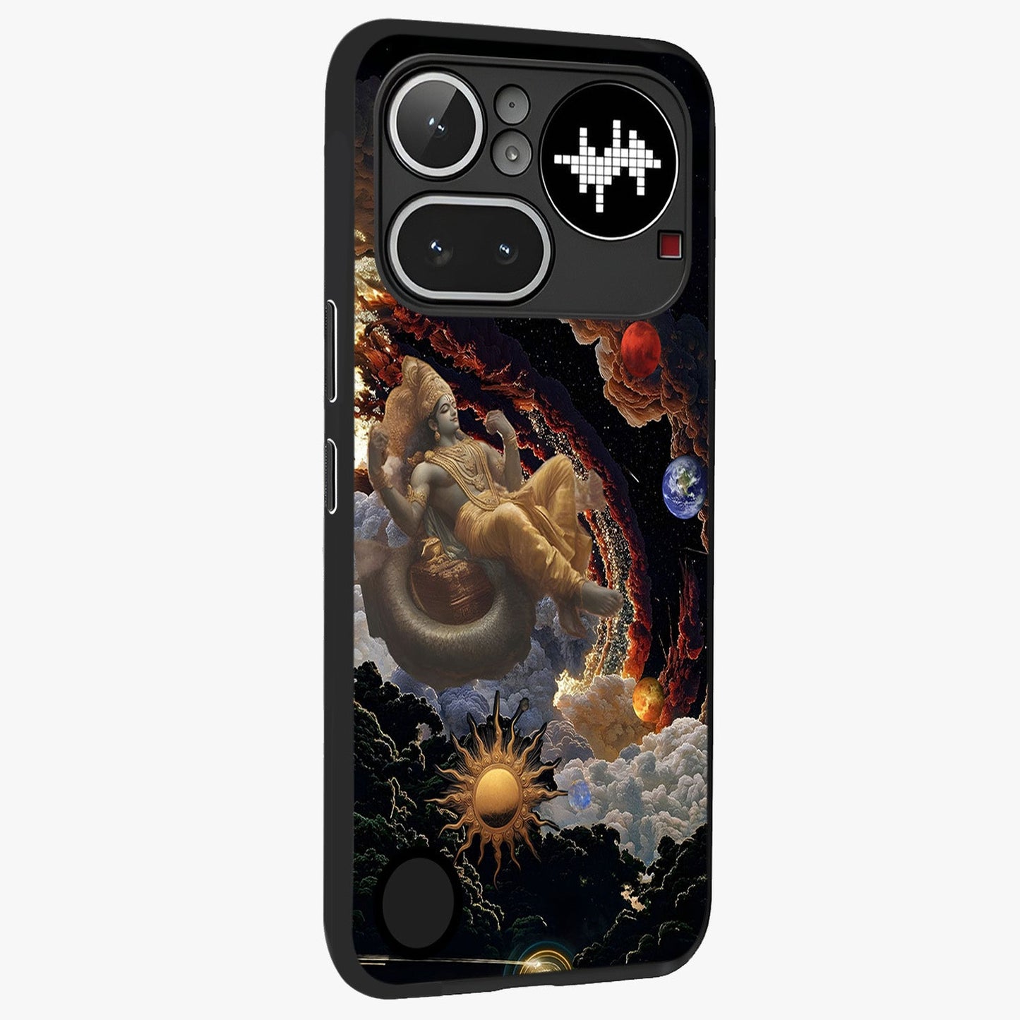 Galactic Divine God Glass Case upright view showcasing mystical divine artwork with dramatic cosmic theme.