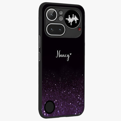 Glittery Purple Bokeh Custom Name Glass Case upright view showcasing vibrant purple sparkle artwork with personalized aesthetic style.