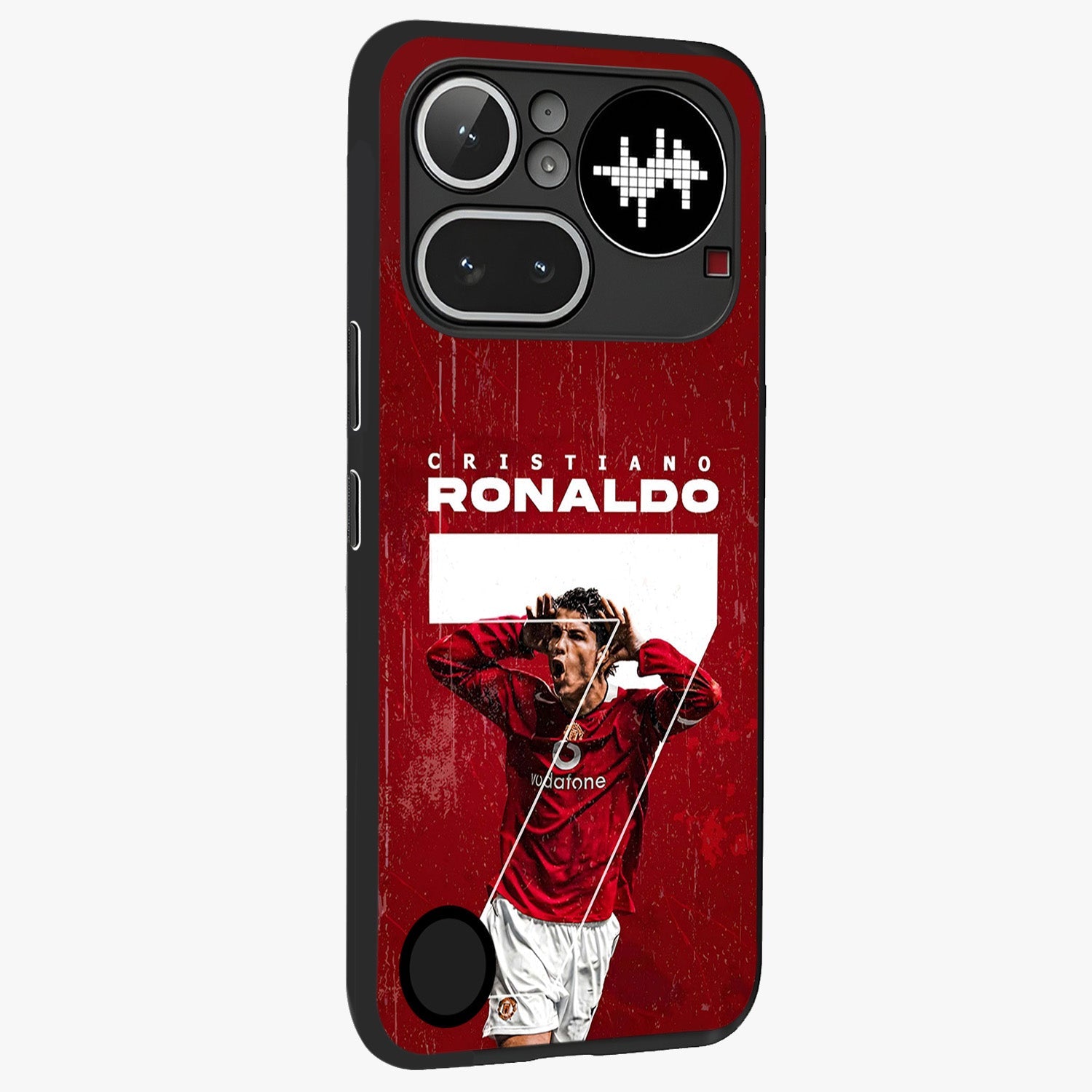Goal Celebration Legacy Glass Case upright view showcasing dynamic football inspired artwork with victory celebration aesthetic.