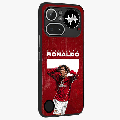 Goal Celebration Legacy Glass Case upright view showcasing dynamic football inspired artwork with victory celebration aesthetic.