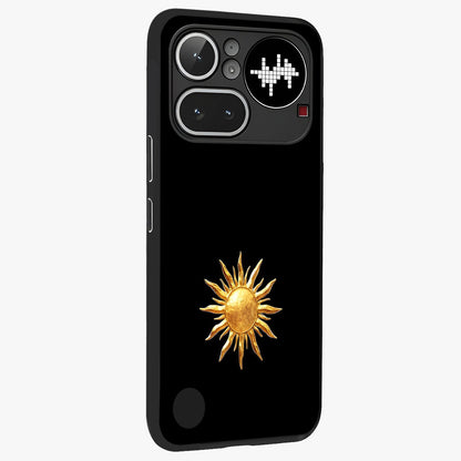 Golden Sun Minimalism Glass Case upright view showcasing haunting graveyard artwork with dramatic dark theme.