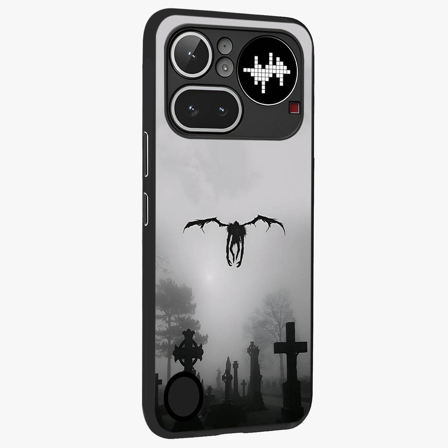 Graveyard Shadow Descent Glass Case upright view showcasing haunting graveyard artwork with dramatic dark theme.