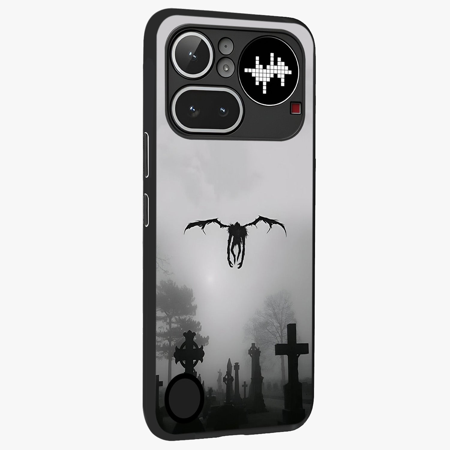 Graveyard Shadow Descent Glass Case upright view showcasing haunting graveyard artwork with dramatic dark theme.