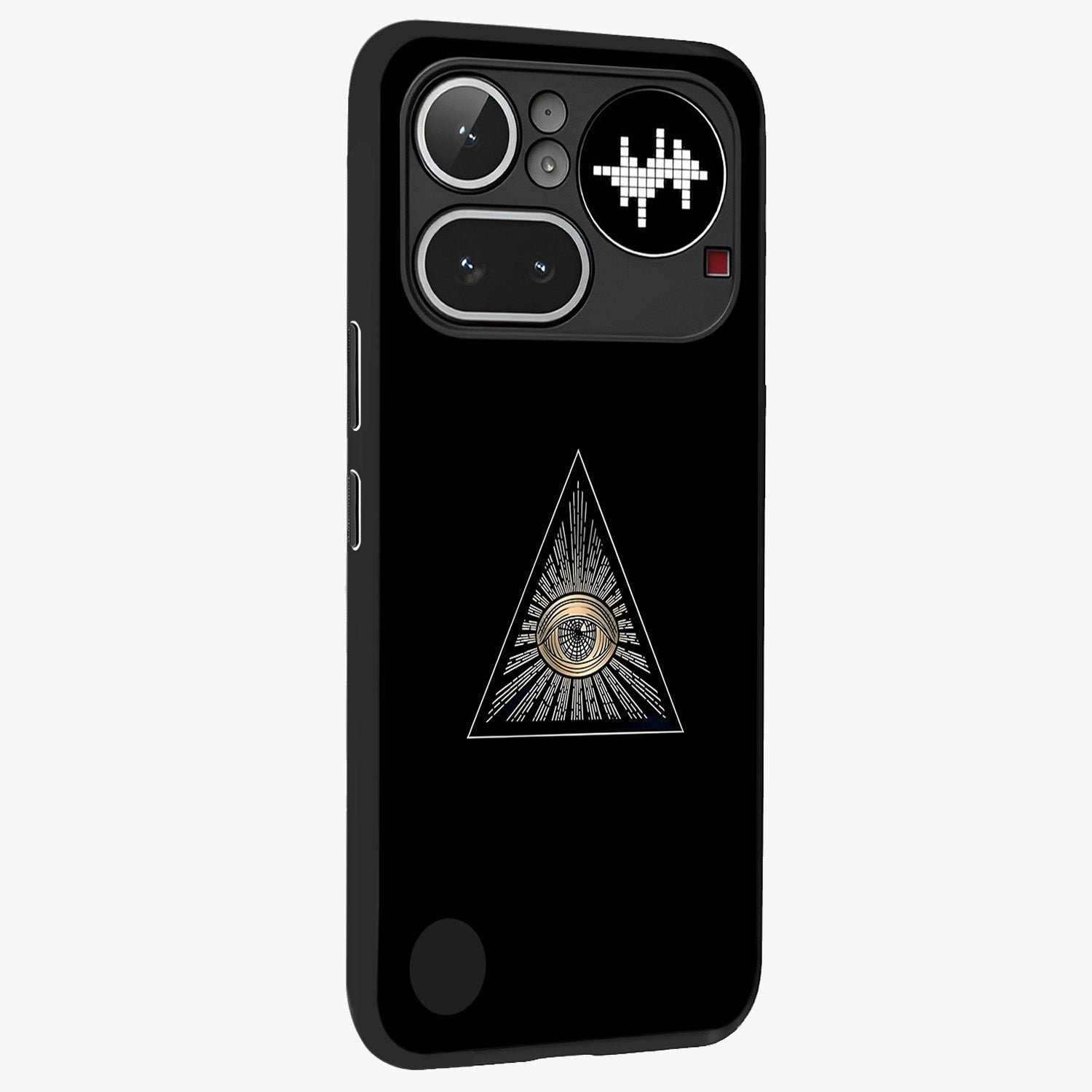 Illuminati Evil Glass Case upright view showcasing striking illuminati artwork with mysterious symbolic theme.