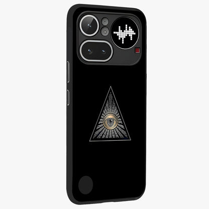Illuminati Evil Glass Case upright view showcasing striking illuminati artwork with mysterious symbolic theme.