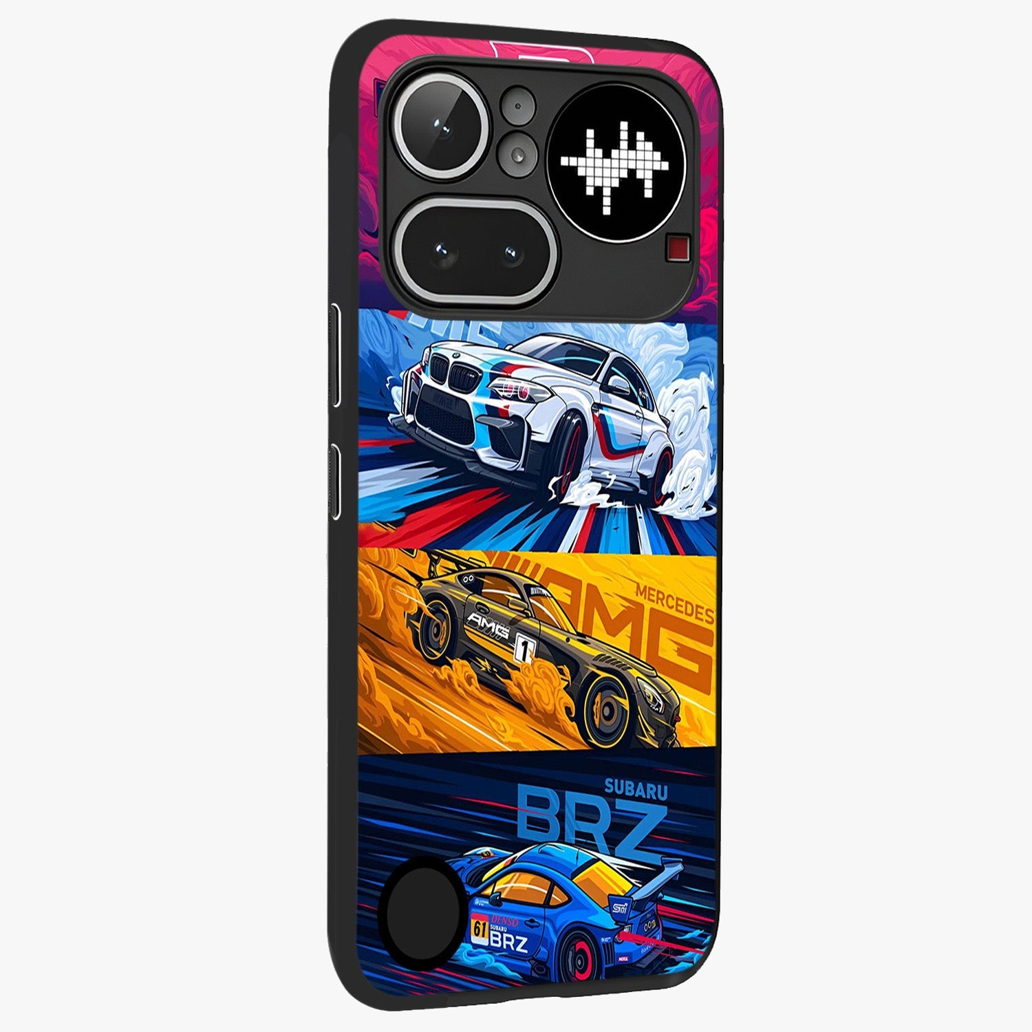 JDM Sports Car Glass Case upright view showcasing dynamic sports car artwork with bold racing theme.