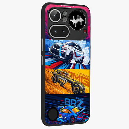 JDM Sports Car Glass Case upright view showcasing dynamic sports car artwork with bold racing theme.