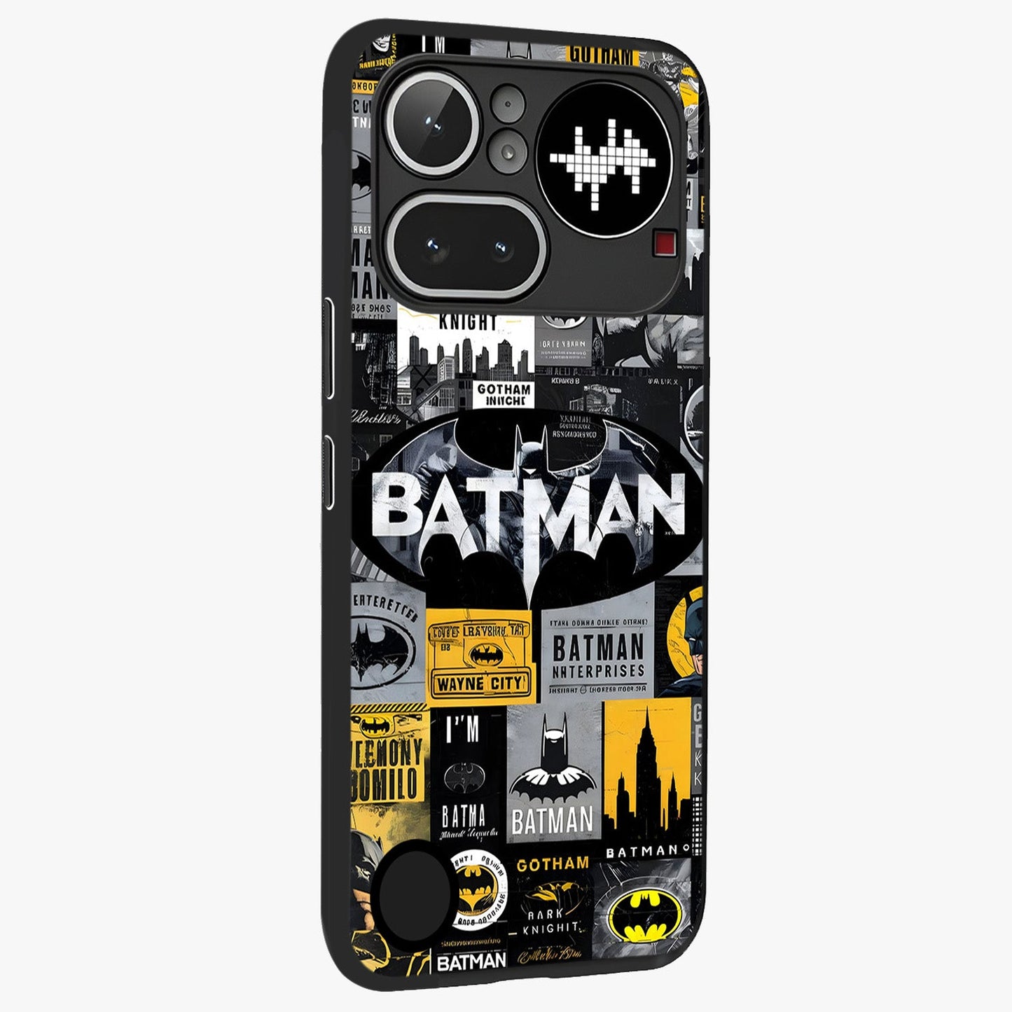 Knight Gotham Rise Glass Case upright view showcasing bold vigilante themed artwork with gothic city vibe.