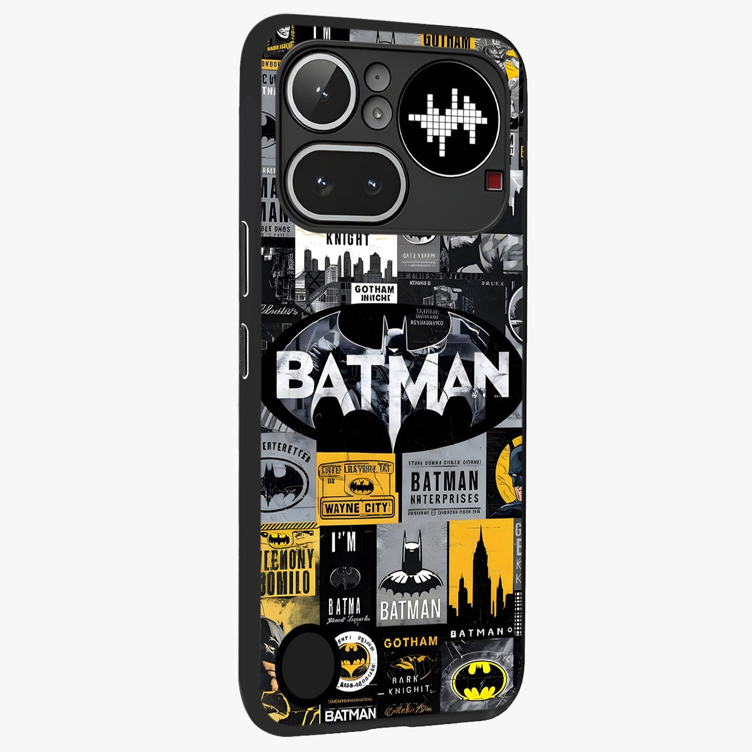 Knight Gotham Rise Glass Case upright view showcasing bold vigilante themed artwork with gothic city vibe.