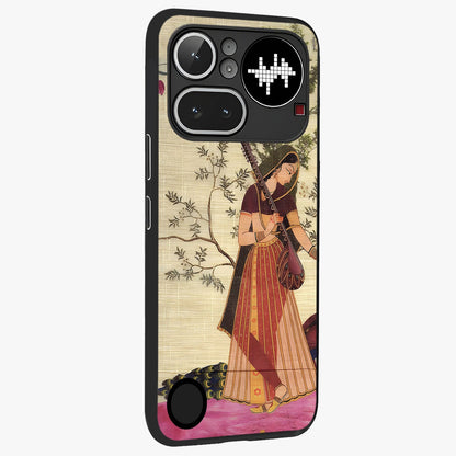 Lady With Veena Art Glass Case upright view showcasing classical veena artwork with traditional artistic theme.