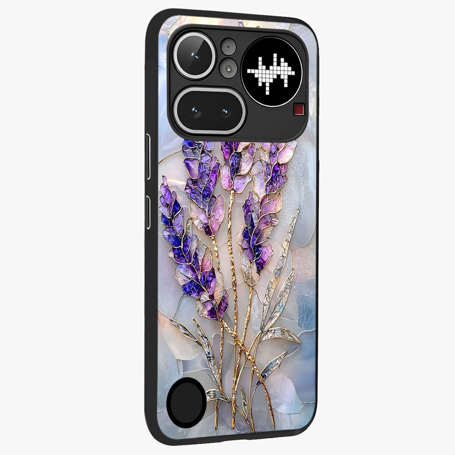 Lavender Dream Glow Glass Case upright view showcasing radiant lavender glow artwork with calming dreamy theme.
