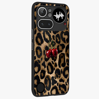 Leopard Wild Cherry Glass Case upright view showcasing stylish leopard pattern artwork with trendy fashion theme.