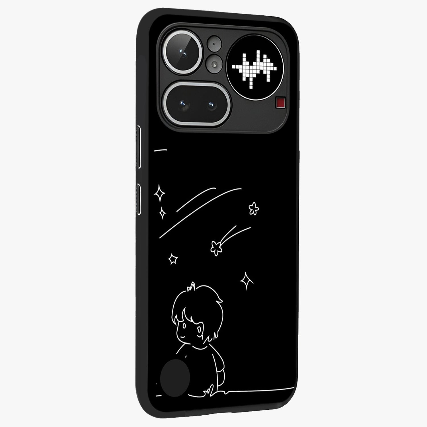 Line Art Boy With Shooting Stars Glass Case upright view showcasing artistic shooting star illustration with minimal style.