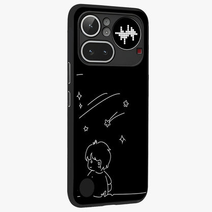 Line Art Boy With Shooting Stars Glass Case upright view showcasing artistic shooting star illustration with minimal style.