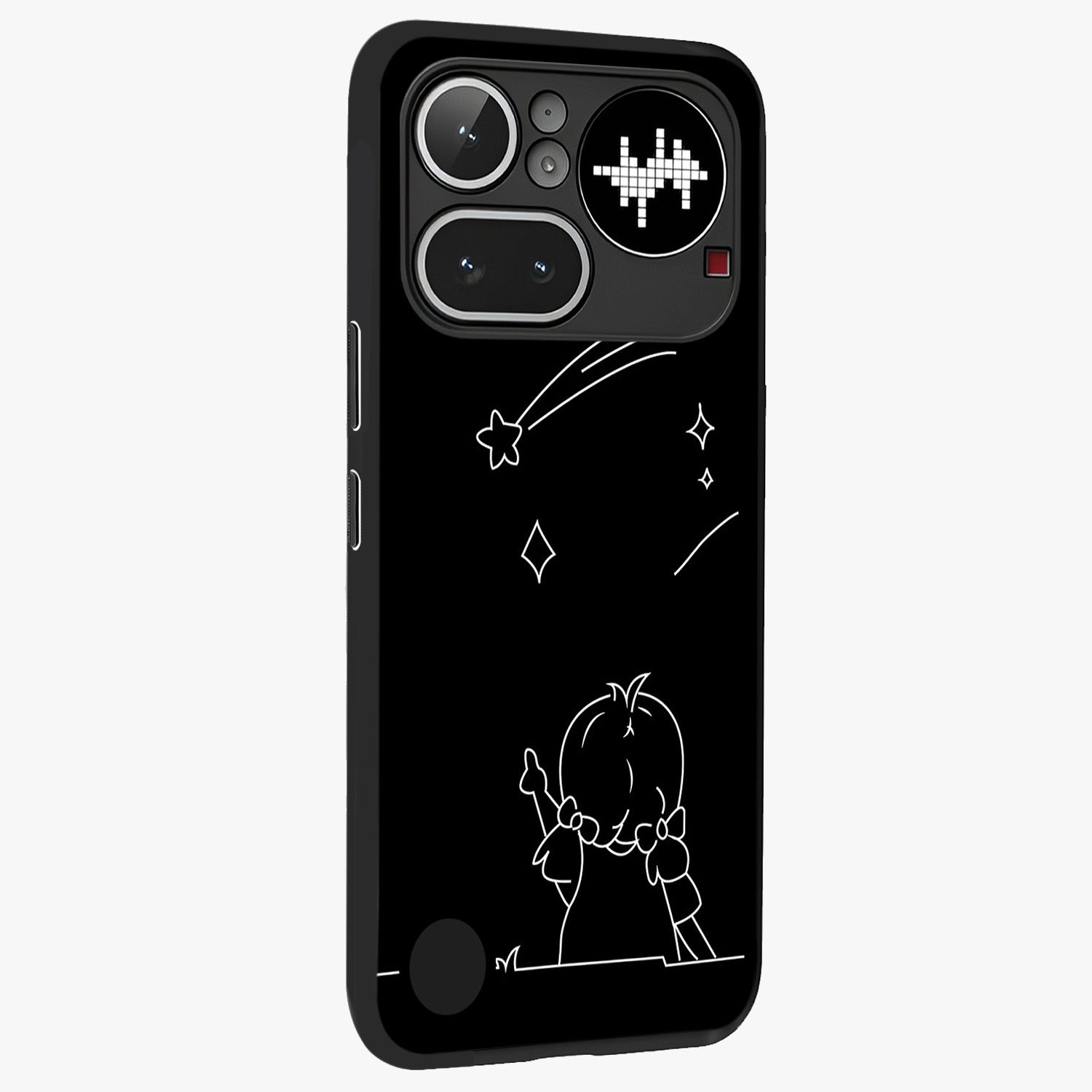 Line Art Girl With Shooting Stars Glass Case upright view showcasing delicate shooting stars artwork with minimal artistic theme.