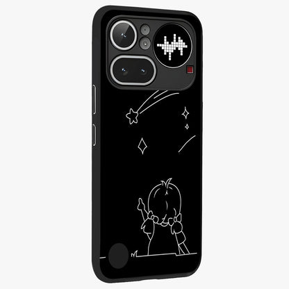 Line Art Girl With Shooting Stars Glass Case upright view showcasing delicate shooting stars artwork with minimal artistic theme.
