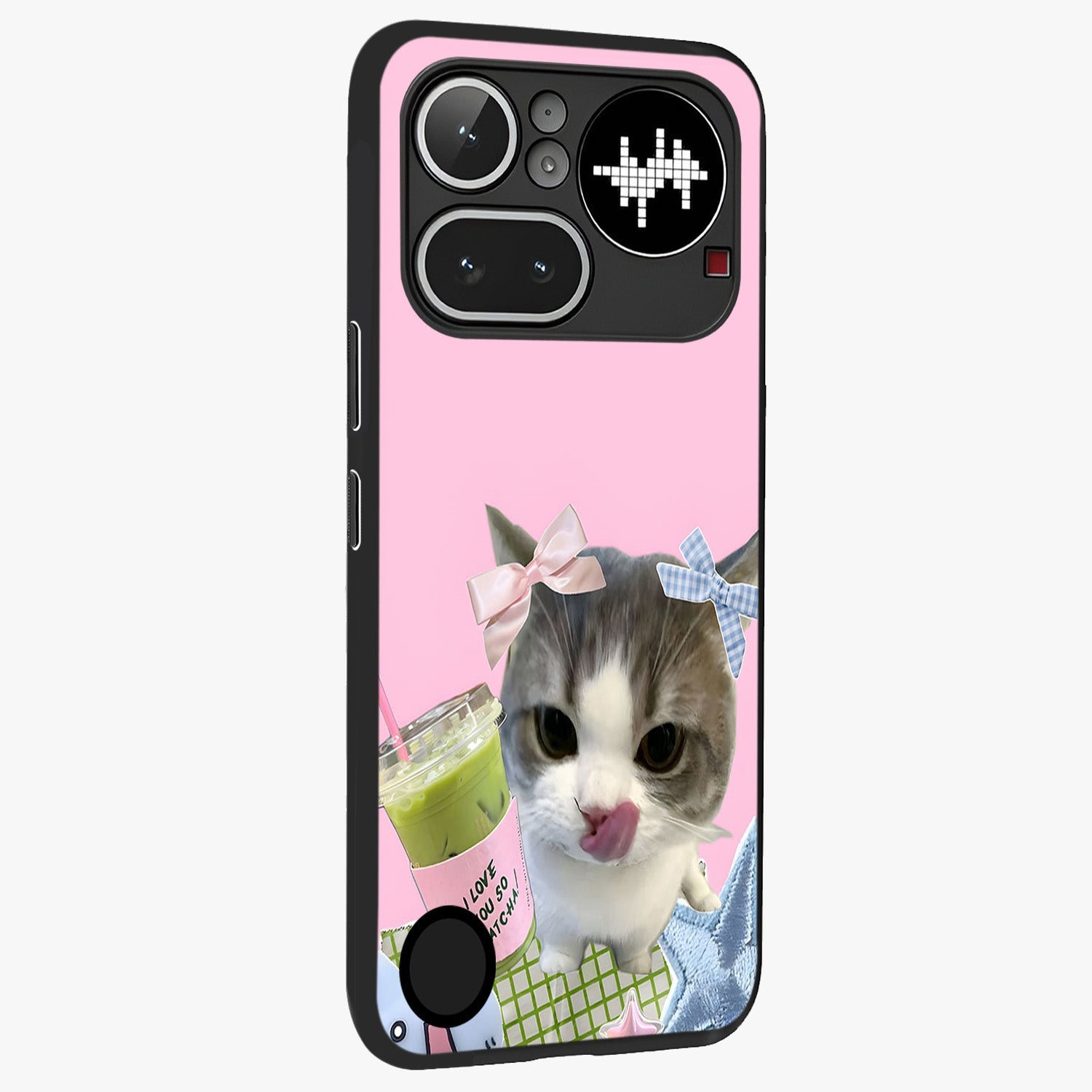 Love Matcha Cat Glass Case upright view showcasing adorable cat artwork with charming matcha themed design.