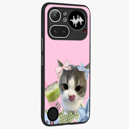 Love Matcha Cat Glass Case upright view showcasing adorable cat artwork with charming matcha themed design.