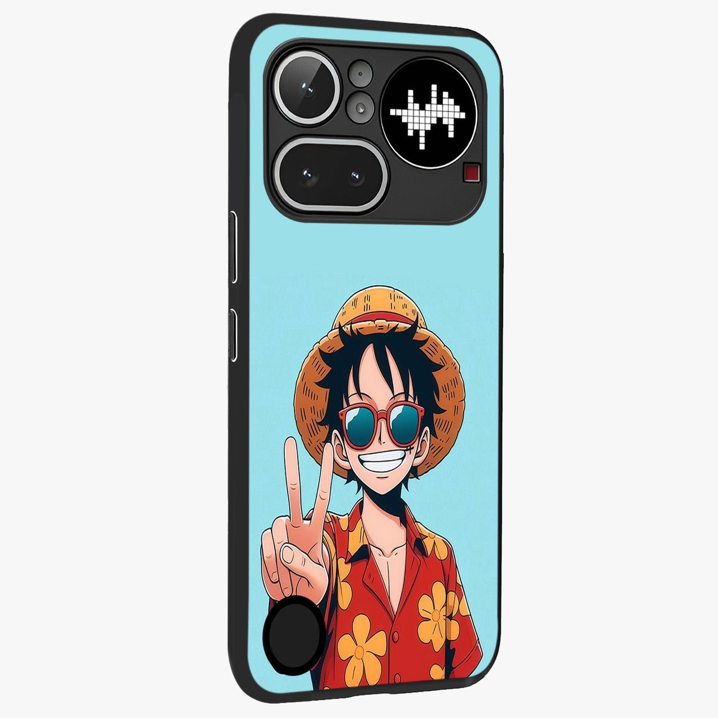 Luffy Summer Anime Vibe Glass Case upright view showcasing dynamic anime artwork with bright adventurous theme.