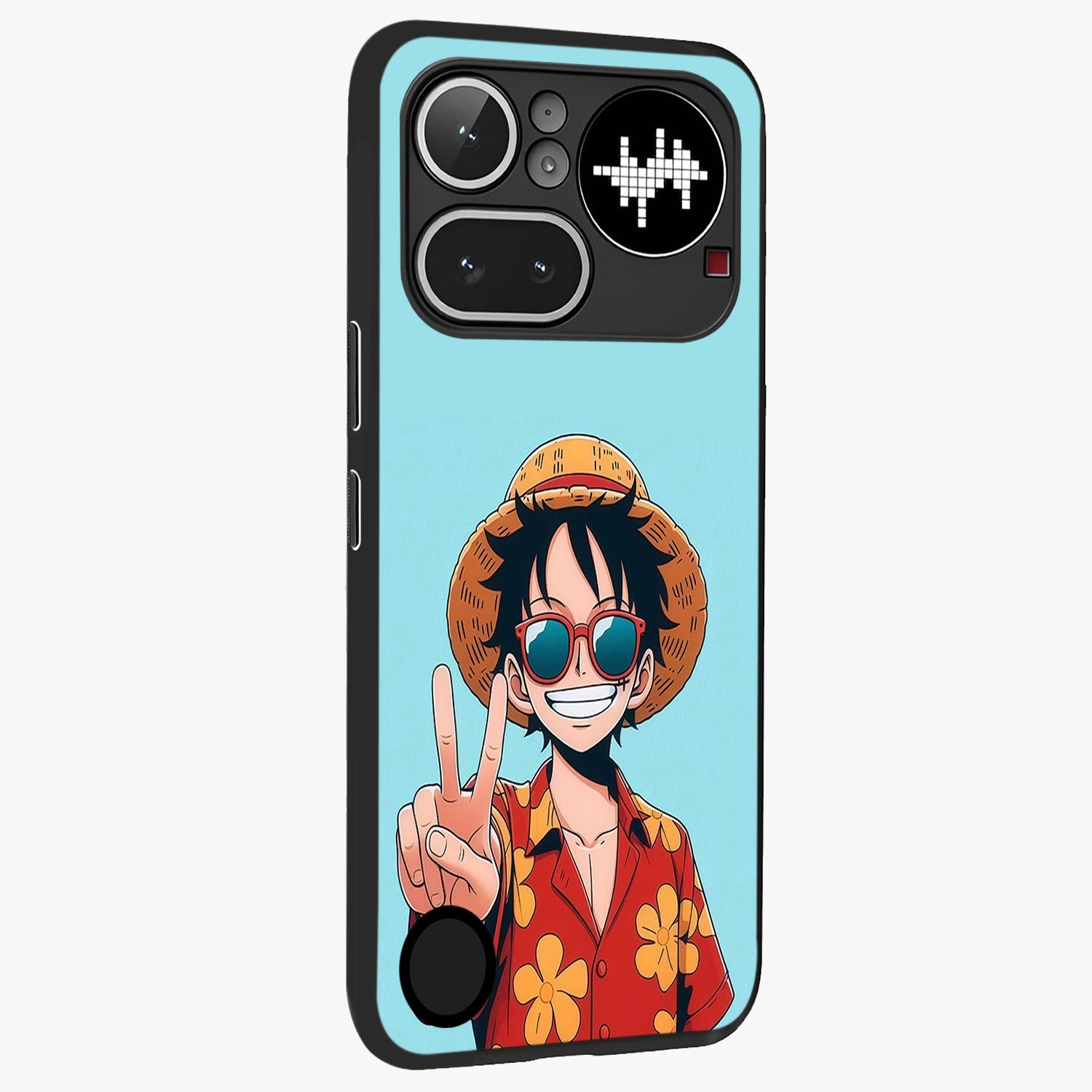 Luffy Summer Anime Vibe Glass Case upright view showcasing dynamic anime artwork with bright adventurous theme.