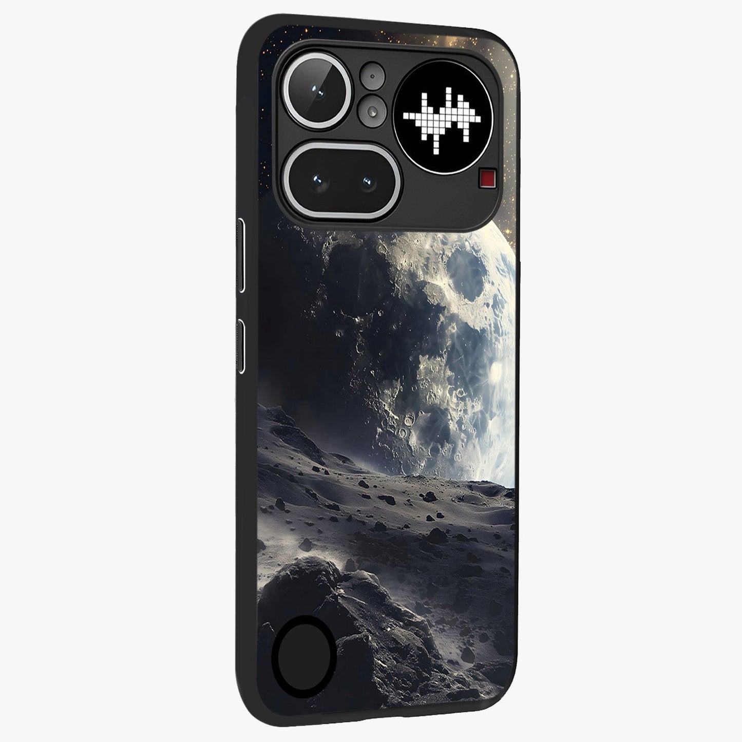 Lunar Horizon Glow Glass Case upright view showcasing radiant lunar artwork with calm cosmic theme.