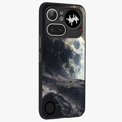 Lunar Horizon Glow Glass Case upright view showcasing radiant lunar artwork with calm cosmic theme.