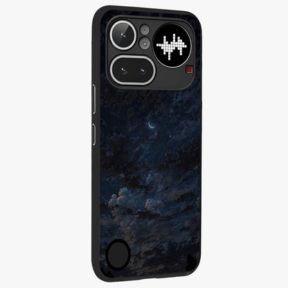 Lunar Veil Silence Glass Case upright view showcasing calm moon themed artwork with serene night atmosphere.