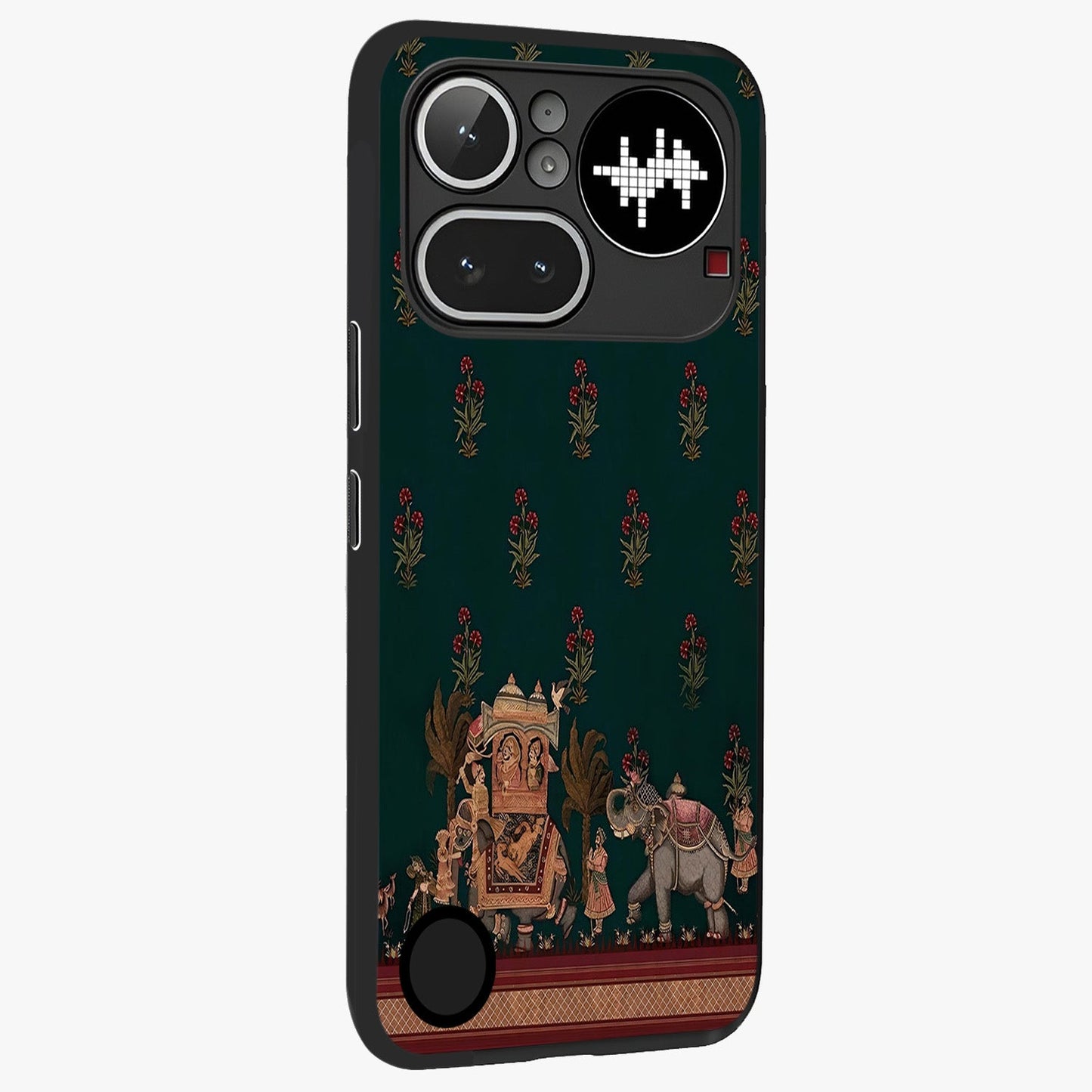 Macmerise Glass Case upright view showcasing bold artistic artwork with contemporary design theme.