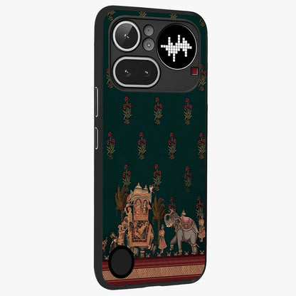 Macmerise Glass Case upright view showcasing bold artistic artwork with contemporary design theme.