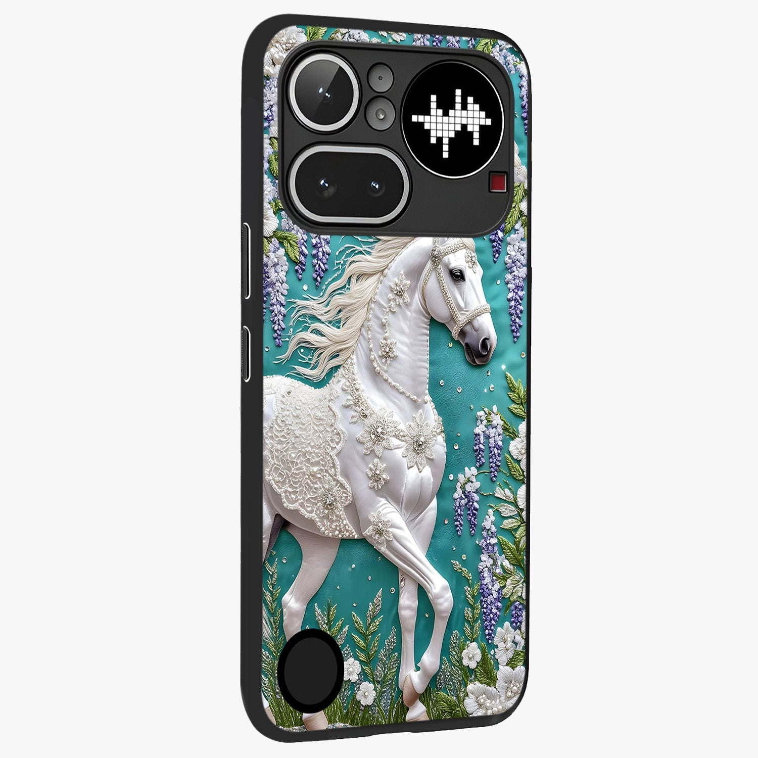 Majestic Floral Stallion Glass Case upright view showcasing dramatic horse artwork with decorative floral theme.