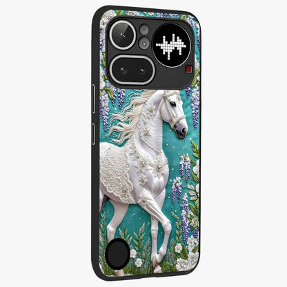 Majestic Floral Stallion Glass Case upright view showcasing dramatic horse artwork with decorative floral theme.